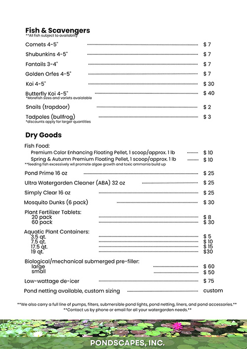 price sheet, for information call us at 240-446-2846